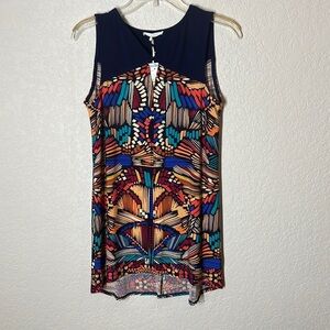 Ava James Artsy Sleeveless Top. NWT. Navy, Coral, Orange sz.M